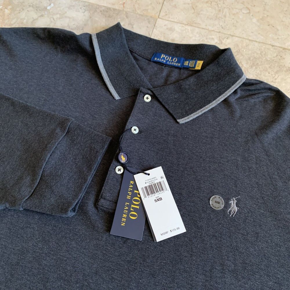 NWT Men's Polo Ralph Lauren Long Sleeve Polo Shirt Soft Cotton Gray‎ 5XB Big